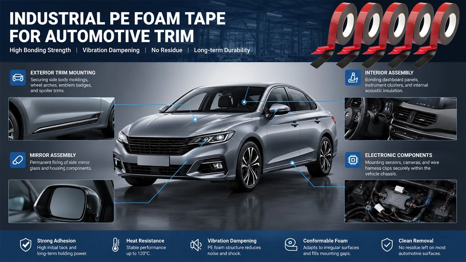 Industrial double-sided foam tape applied for automotive nameplate and emblem mounting Industrial double-sided foam tape applied for automotive nameplate and emblem mounting