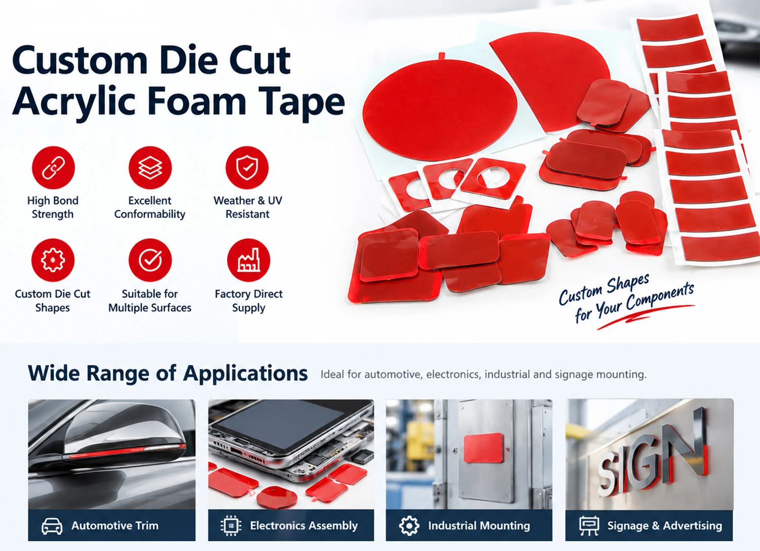 Heavy-duty acrylic foam tape applied to automotive trim and electronic component assembly Heavy-duty acrylic foam tape applied to automotive trim and electronic component assembly